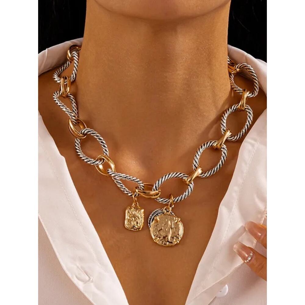 Zara Stainless Steel Two Tone Coin Statement Necklace Chunky Vintage Luxe Boho - Picture 8 of 15